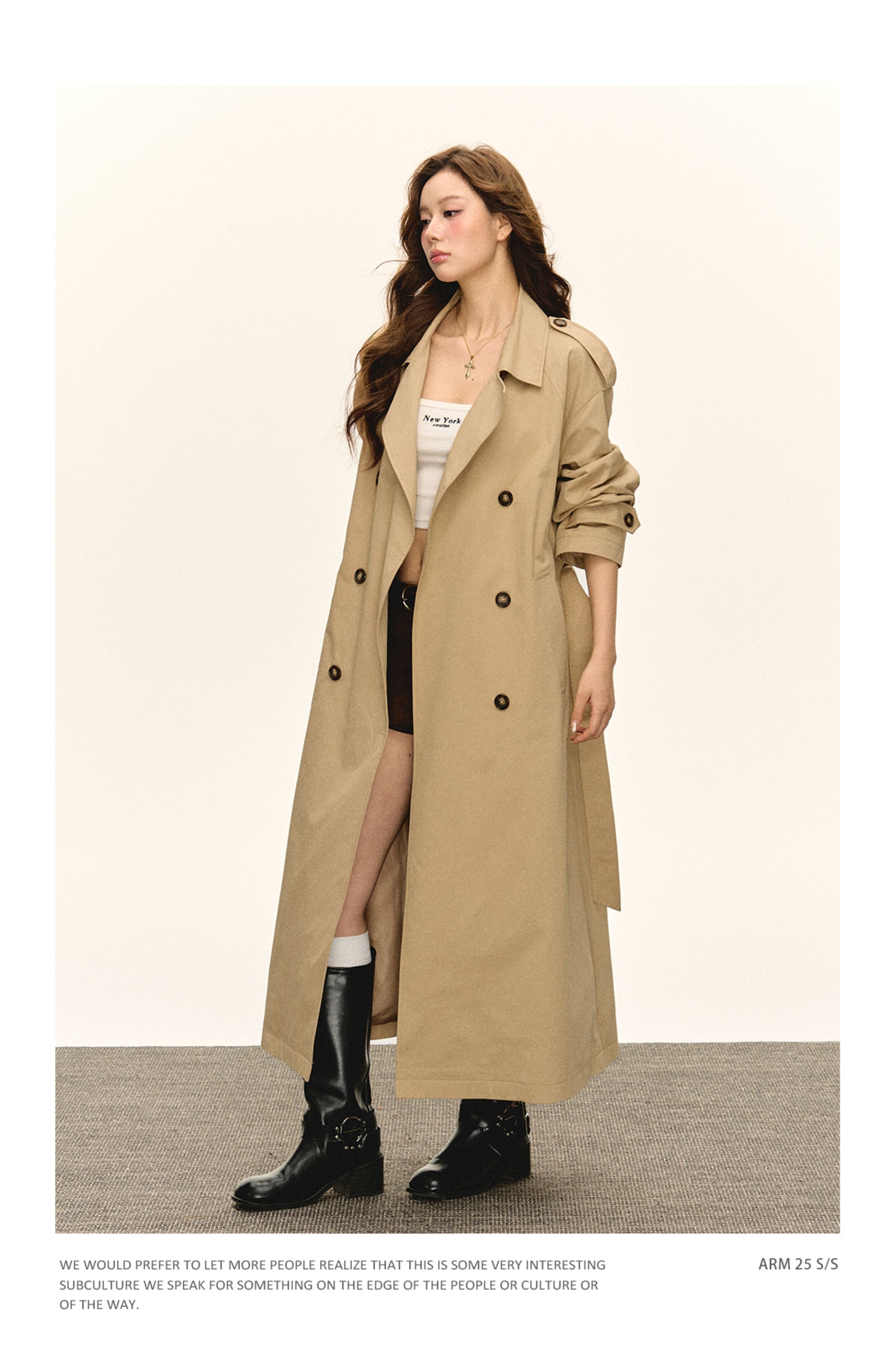 Ariseism autumn women's classic double-breasted khaki-colored double-breasted medium-length windbreaker jacket