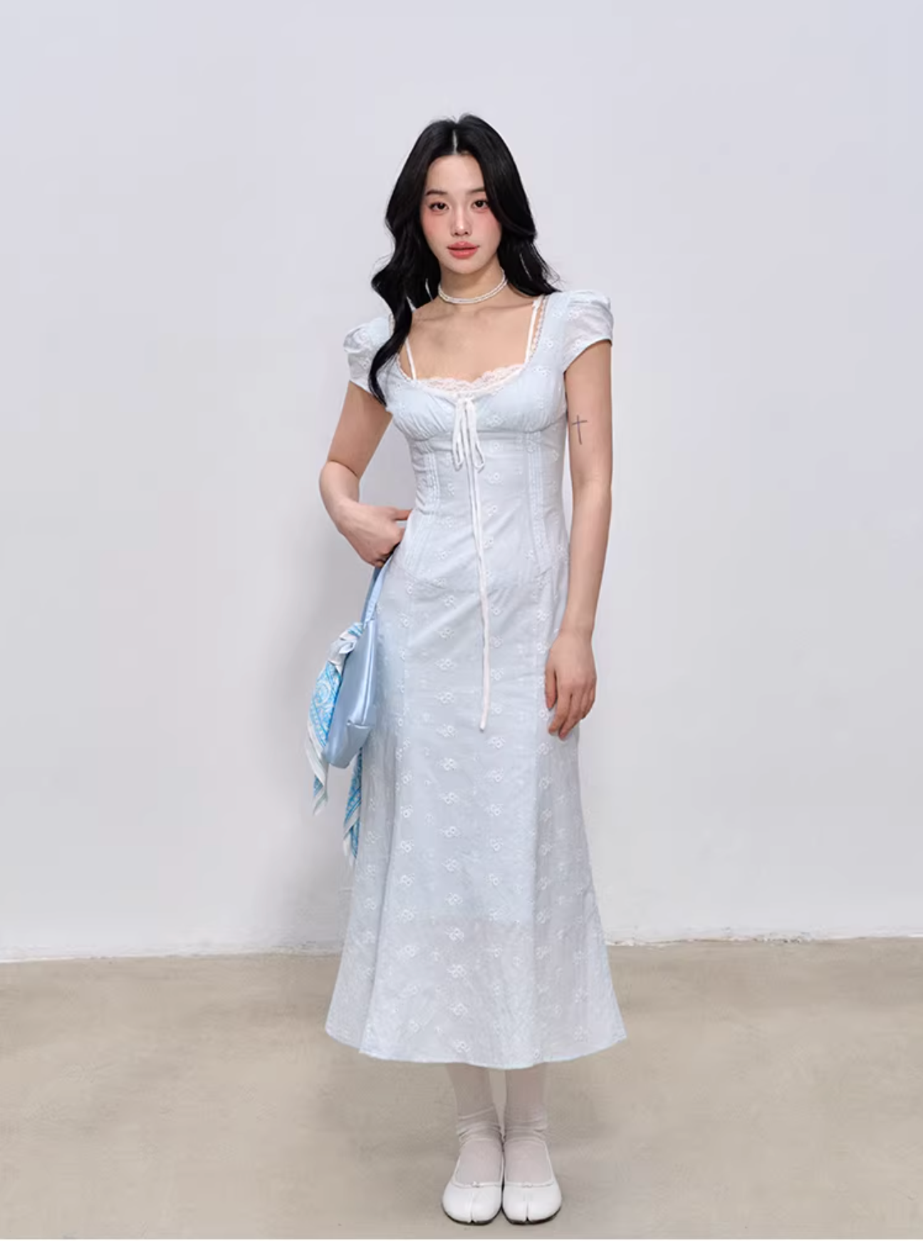 LaluneDuCiel Pure cotton long/short dress with square neck, slim waist, lace for women, suitable for spring