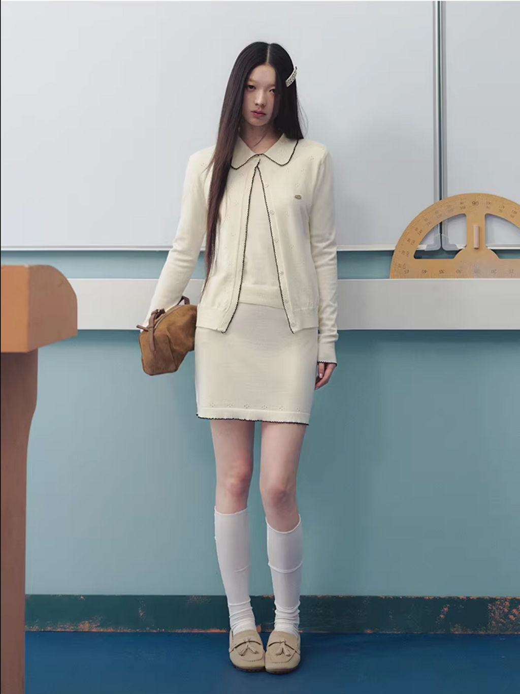 LaluneDuCiel Women's outfit includes knitted floral cardigan, short sleeves and knee-length skirt, French style