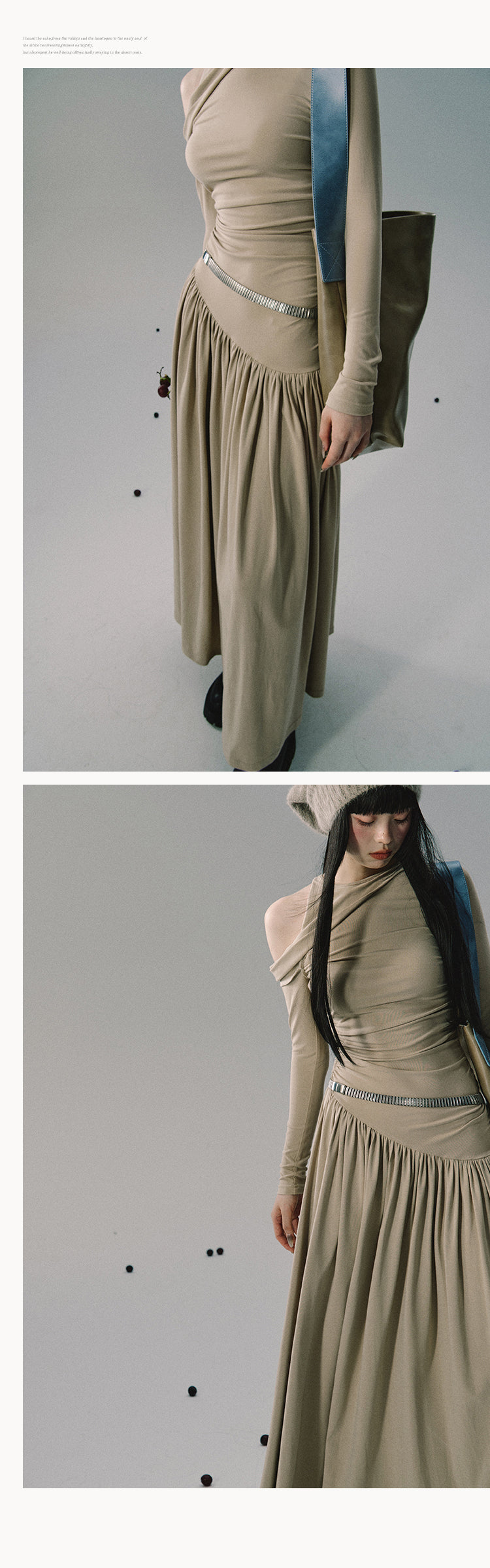 Oakmoo "Moss Meditation" Retro Round Neck Two-Layer Off-The-Shoulder Knitted Long Dress