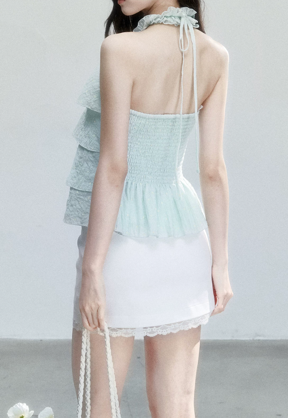 Fragile Heart Sweet Korean style polka dot tank top with ruffled off-shoulder t-shirt for summer