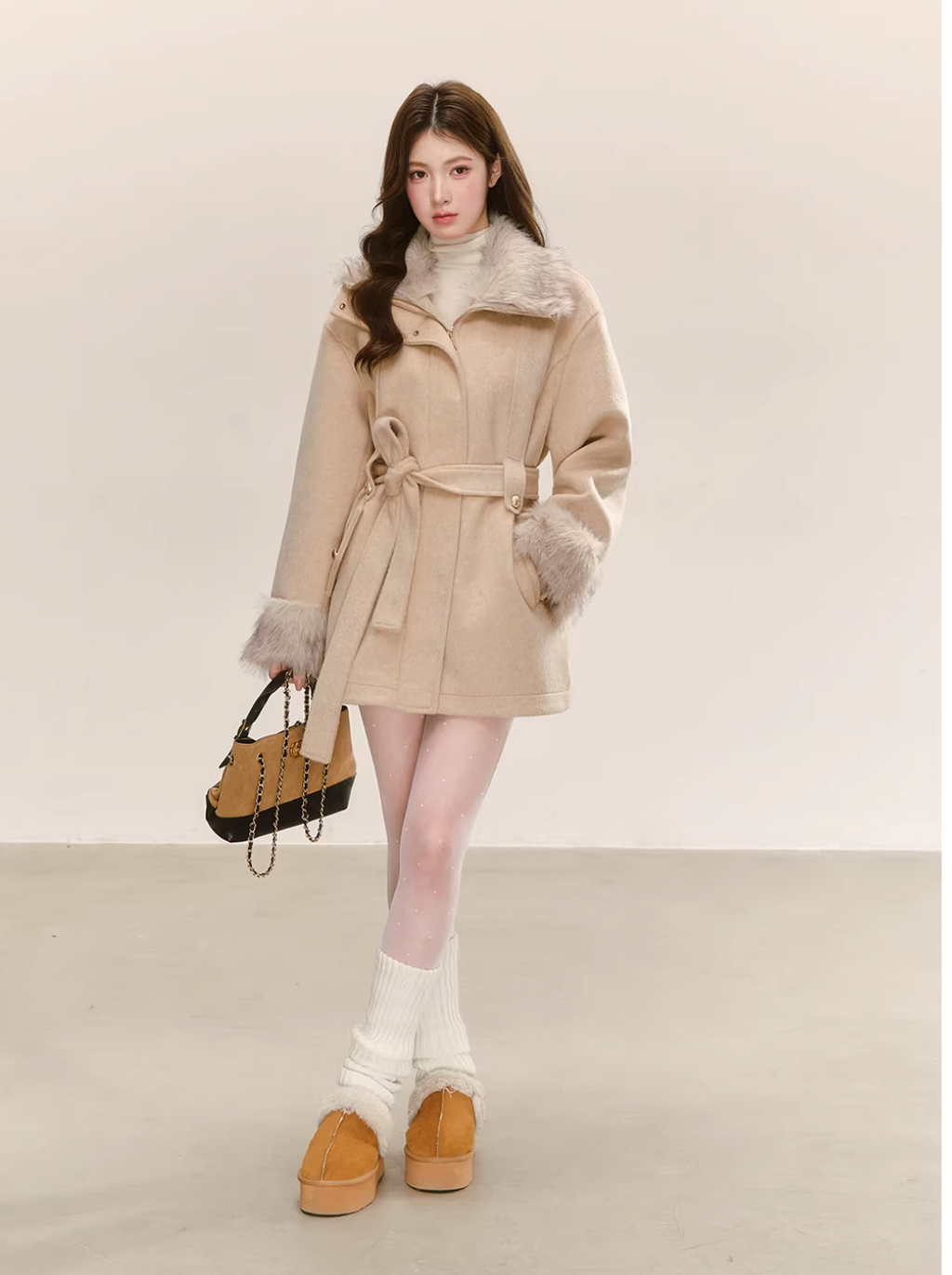QDQD Elegant straight winter jacket QDQD office style, fleece collar, padded waist belt, helps slim the figure