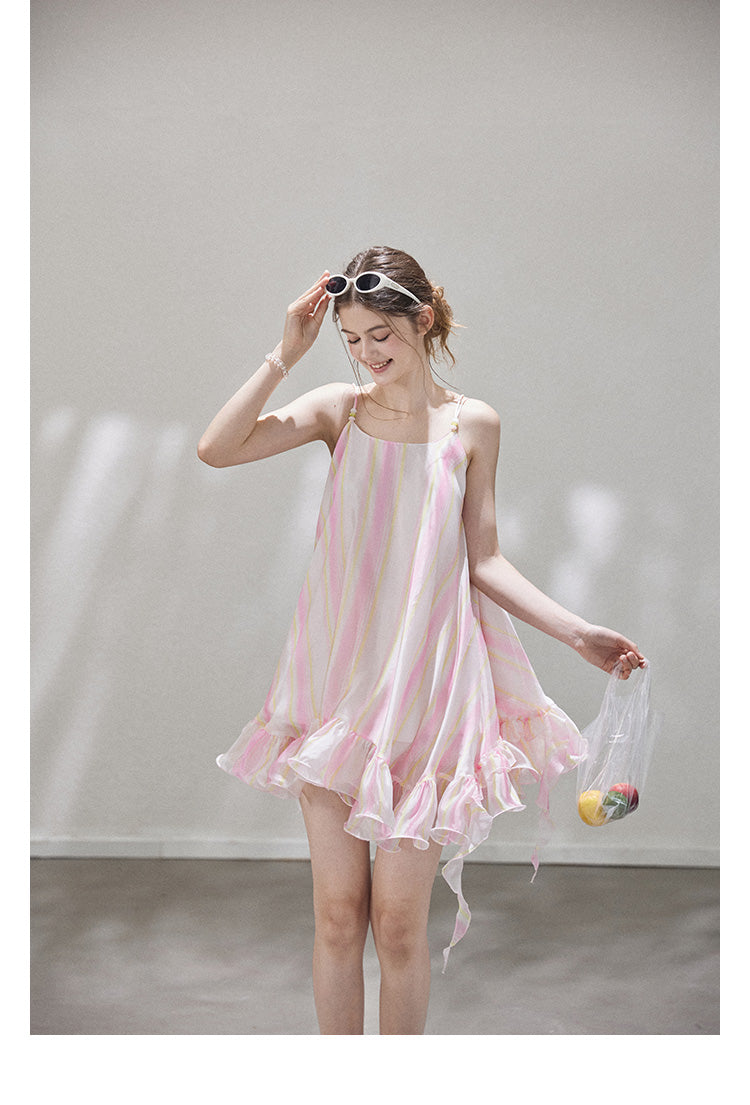 "Liuli Tangyu" Short, ruffled pinafore dress in a resort style, featuring a neon ombre Callmelater design.