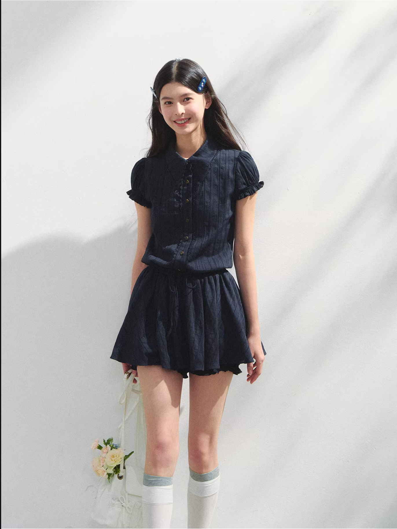 SUNSETPARK Student-style navy blue short-sleeved shirt dress