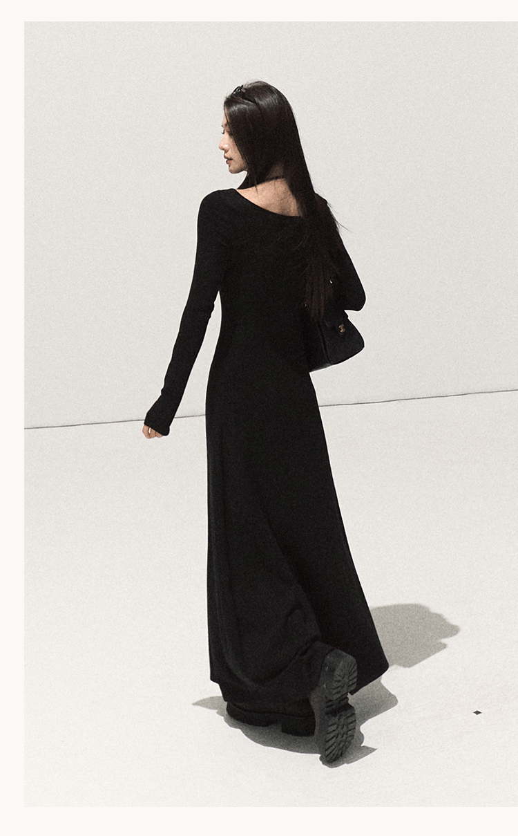 OAKMOO Black Two-piece Long Sleeve Faux Lace Halter Neck Waist Tie Dress, Autumn/Winter Long Dress with Waist Tie