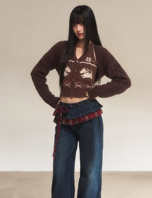 WEEKENDHUB Fair Isle jacquard knitted two-piece shirt for women, halter neck style, high-end brand.