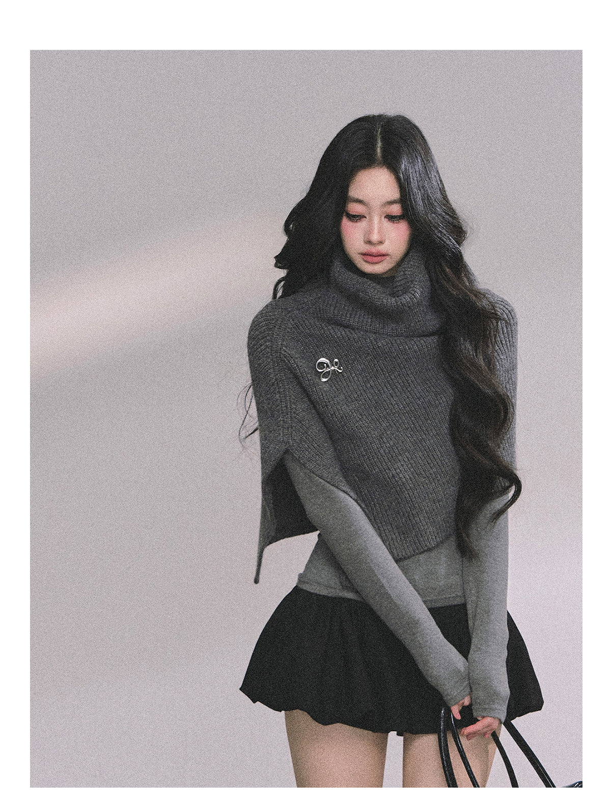 SHAOYEYAN Women's "Late Autumn Sycamore" French Knitted High Neck Sweater, Autumn Gray Coat