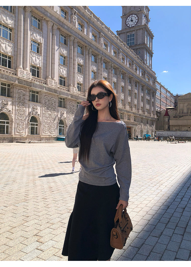 Pusumede one shoulder long sleeve sweater original color temperament female design cross shoulder t-shirt