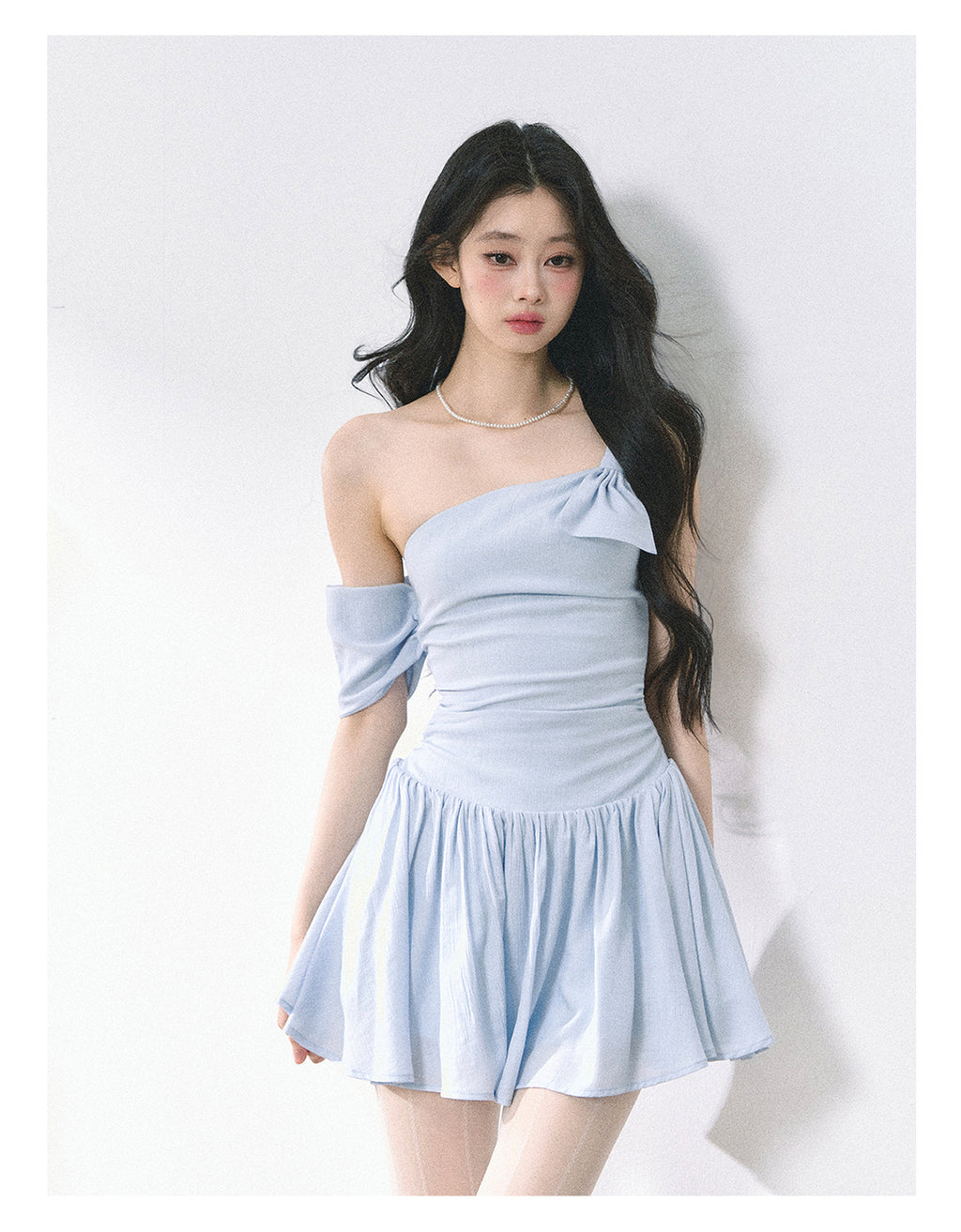 Women's Summer French Style High Quality Off-the-Shoulder Dress with Slim Waist and Short Skirt in Blue Shaoyeyan