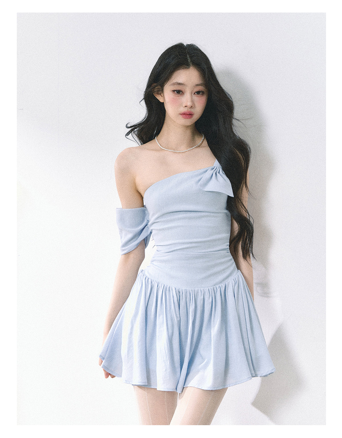 Women's Summer French Style High Quality Off-the-Shoulder Dress with Slim Waist and Short Skirt in Blue Shaoyeyan