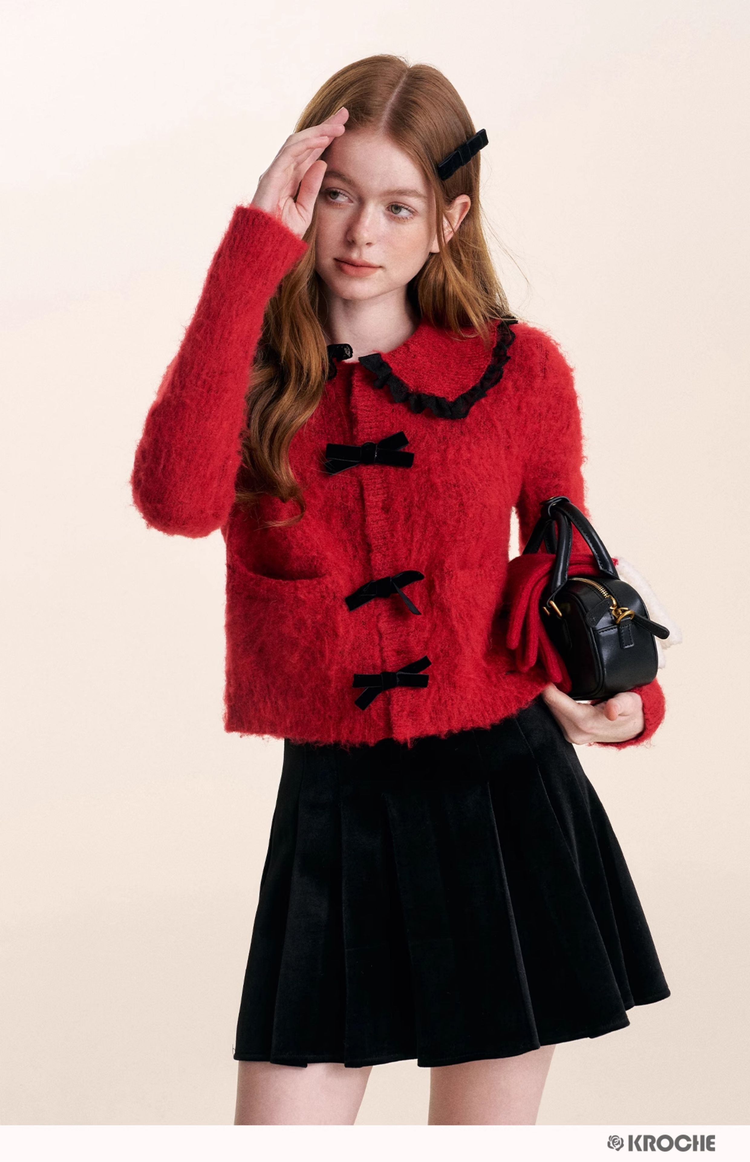 KROCHE Velvet A-line pleated midi skirt with gentle bow for night