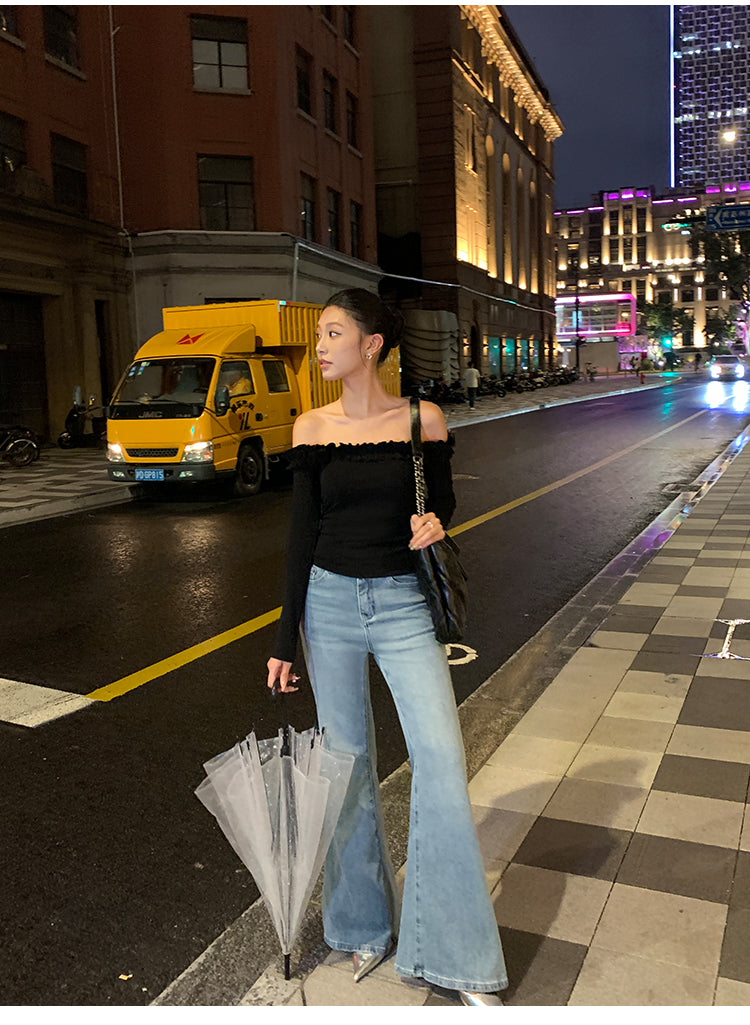 PUSUMEDE 3D rose pattern one-shoulder long-sleeved T-shirt for women, body-hugging design