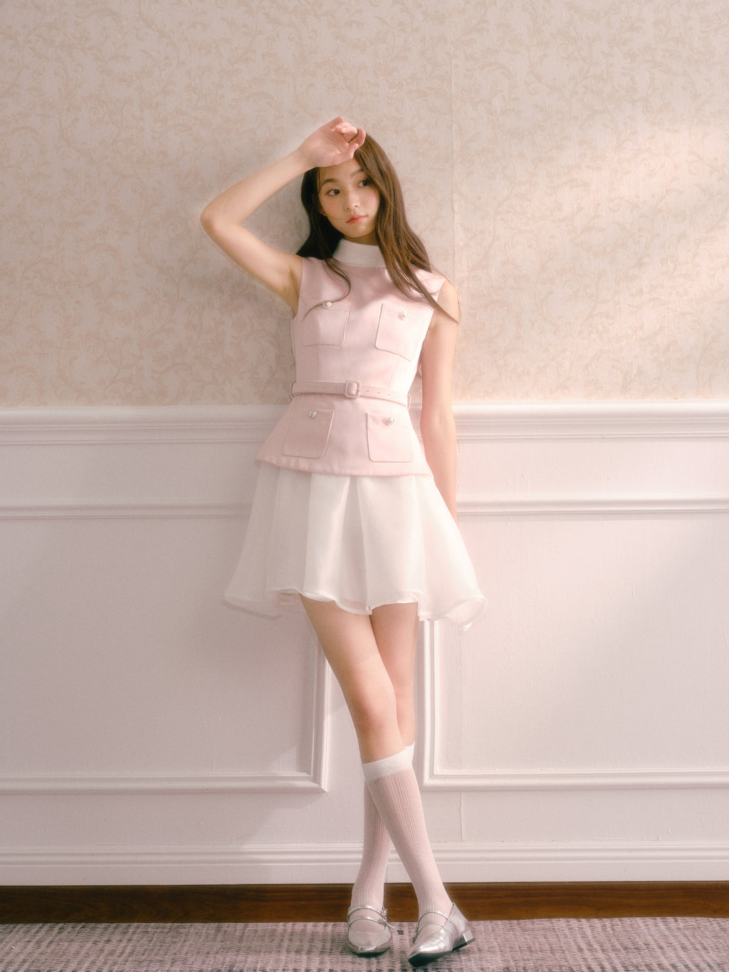 Pink satin dress with faux pearl mini turtleneck two-piece with puffy skirt and belt Recit