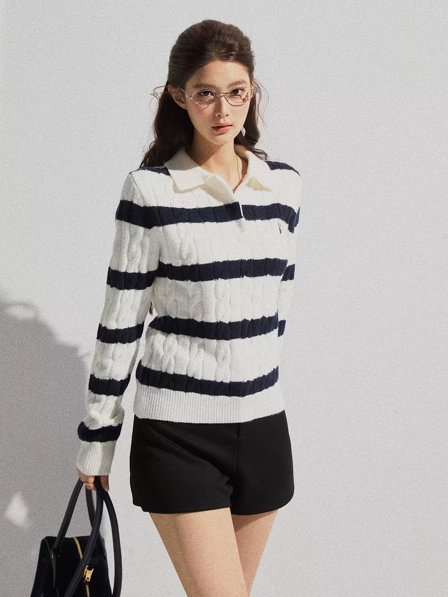 Therous New Korean Style Women's Autumn Loose Knitted Striped Polo Collar Sweater