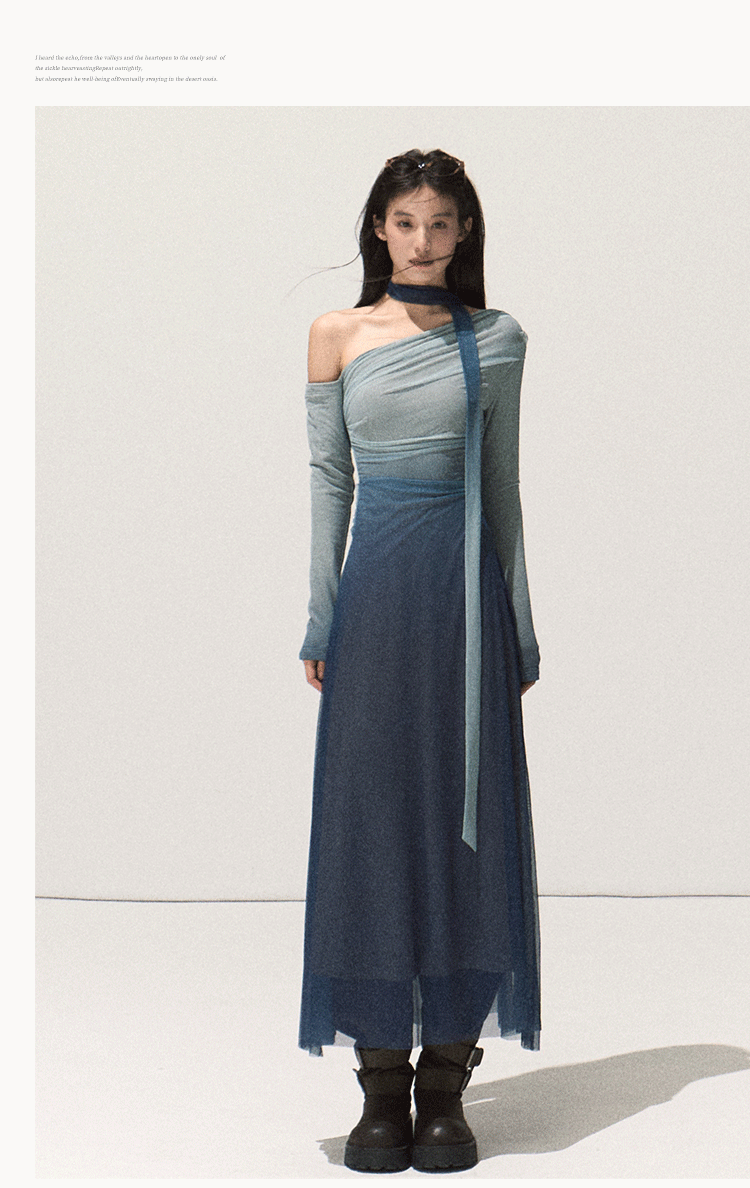 "Plant Aura" Oakmoo Gradient Stretch Off-the-Shoulder Long Sleeve Bodycon Dress