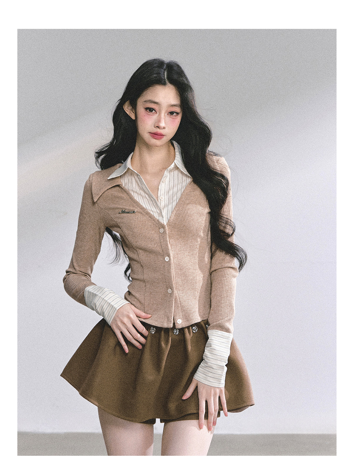 SHAOYEYAN Aomalm "Oak Poetry" Autumn Knitted Polo Shirt % Women's American Style Long Sleeve Striped Two-piece Fake Two-Piece T-shirt