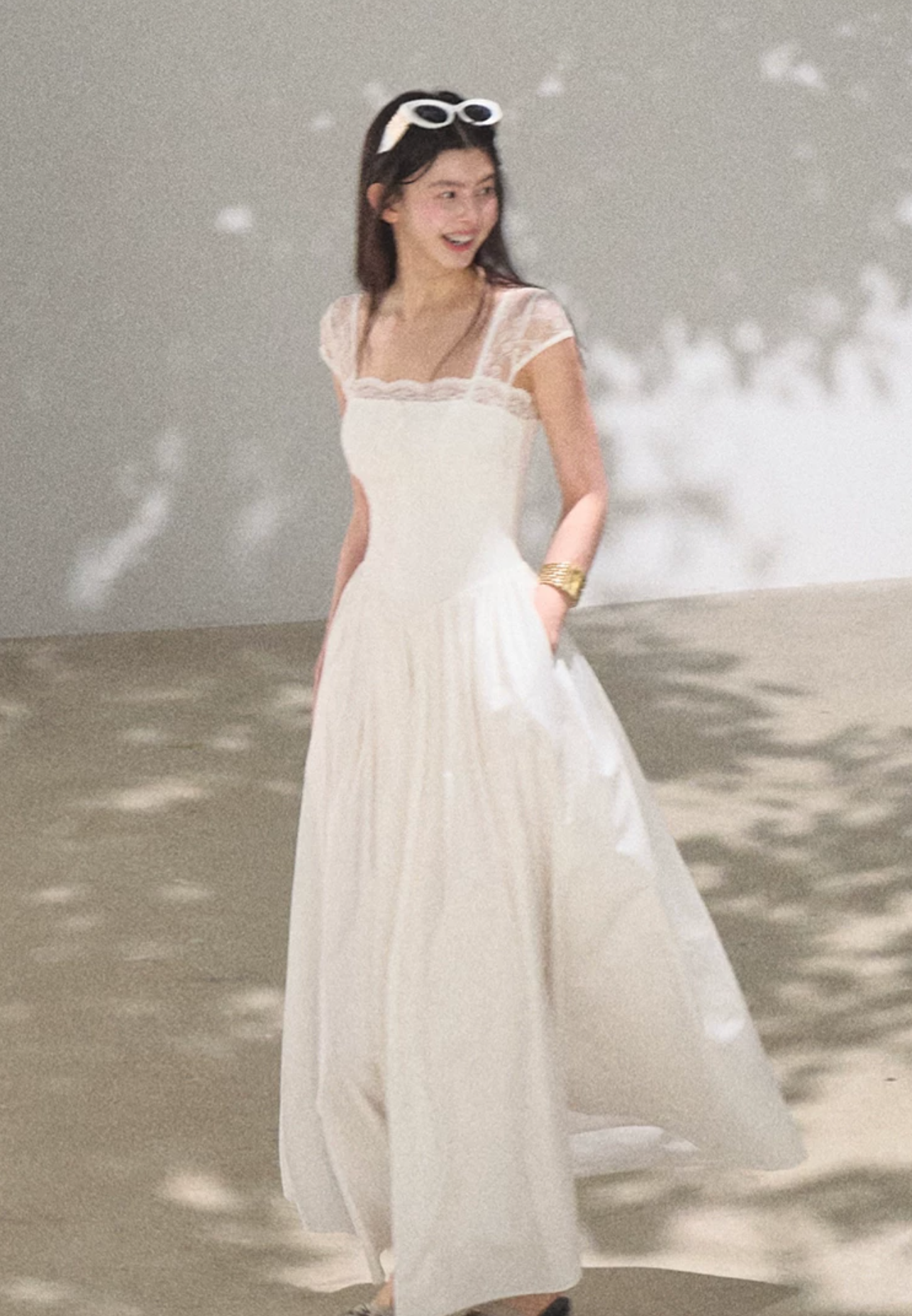 OAKMOO "Gently Pick Up" beach resort style lace slip dress with a waist-hugging skirt.