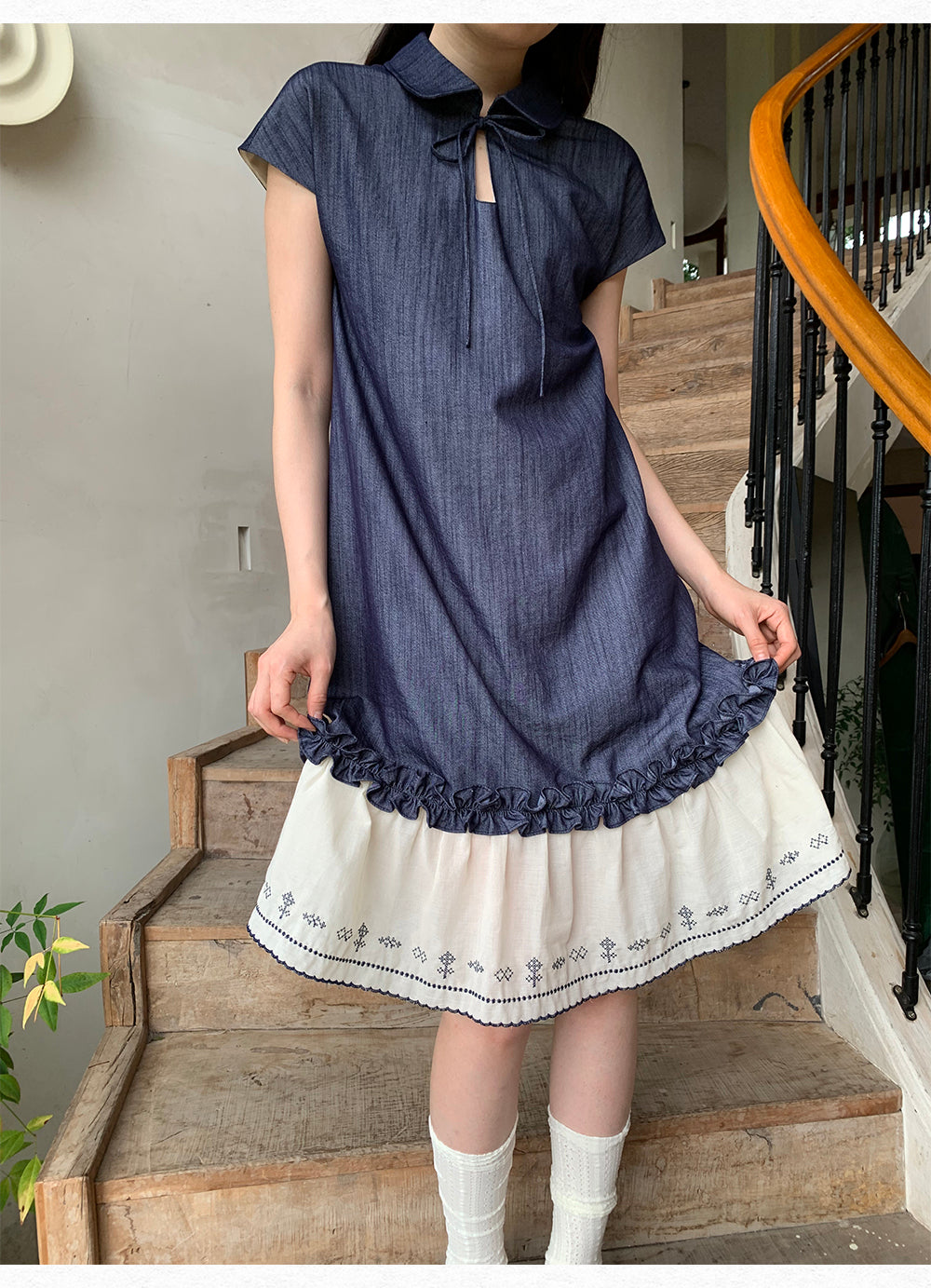 DORYDORY New Chinese style women's embroidered patchwork dress, super beautiful and unique design, blue dress.