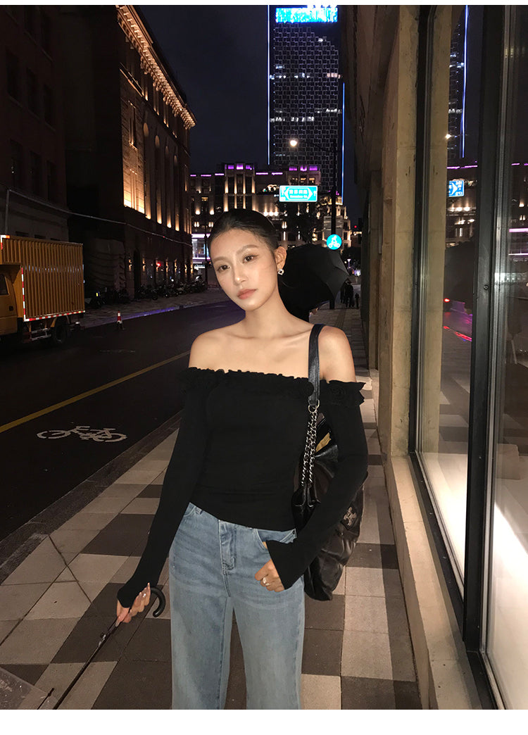 PUSUMEDE 3D rose pattern one-shoulder long-sleeved T-shirt for women, body-hugging design