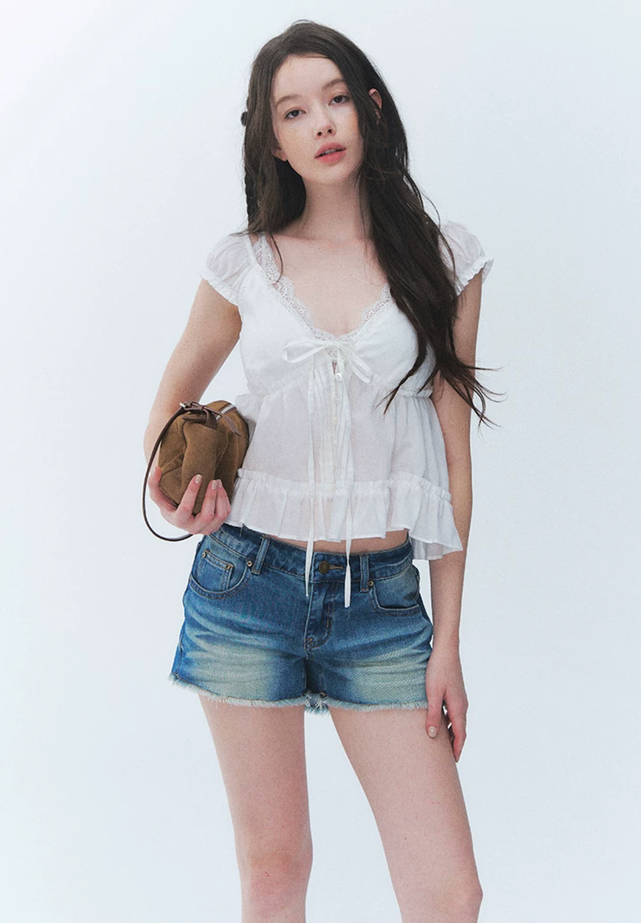 LaluneDuCiel Summer sweet French lace V-neck short-sleeved shirt for women
