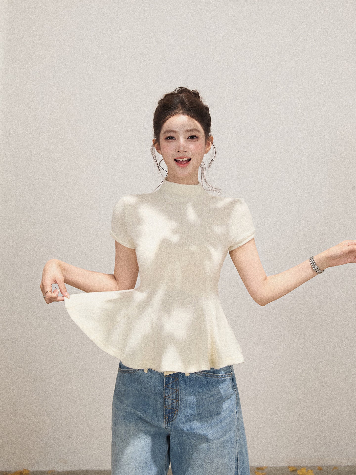 THEROUS Xie Burou Women's Elegant Pleated High Neck Short Sleeve Knit T-shirt Solid Color Casual Slim Waist Early Autumn Fashion (Sale)