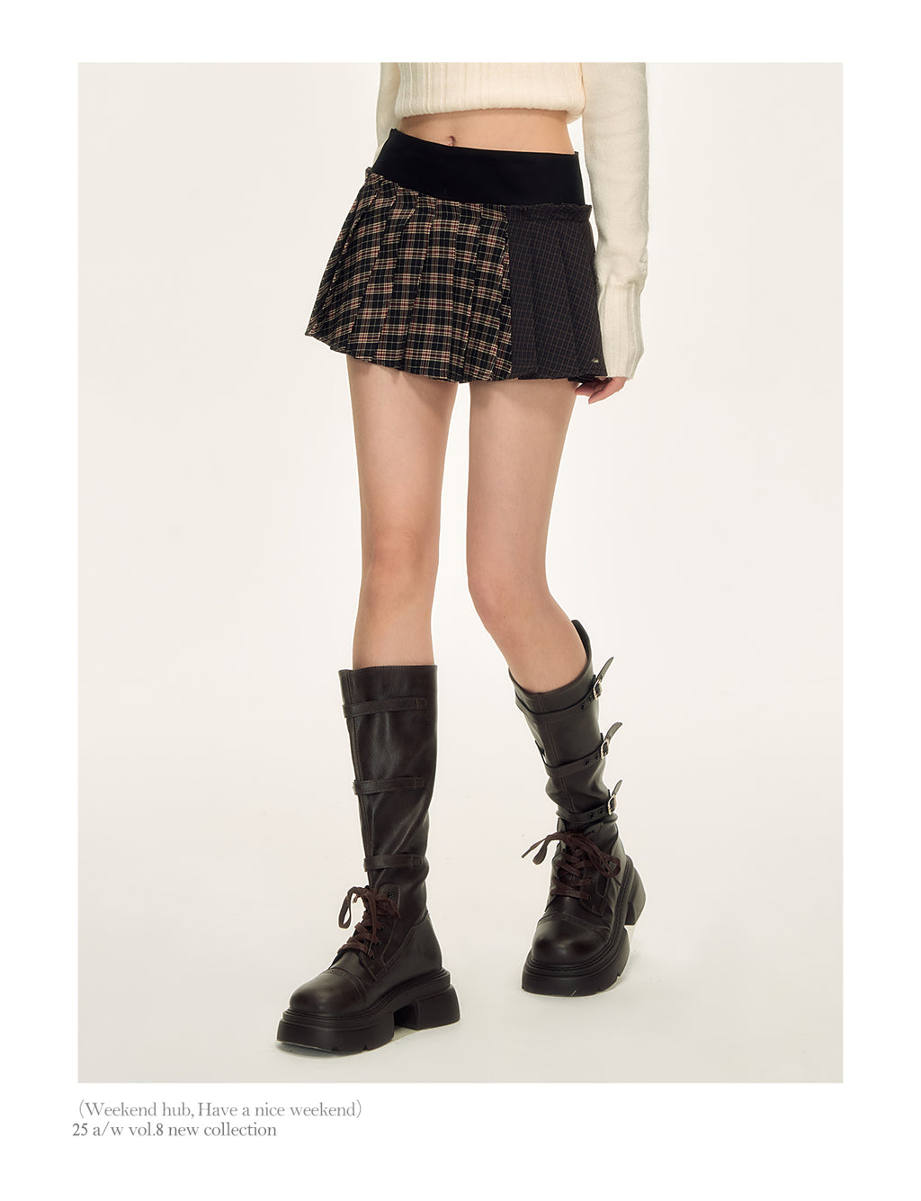Basic pleated skirt with contrast color plaid college style high waist dnasg petite short A-line autumn WeekendHub