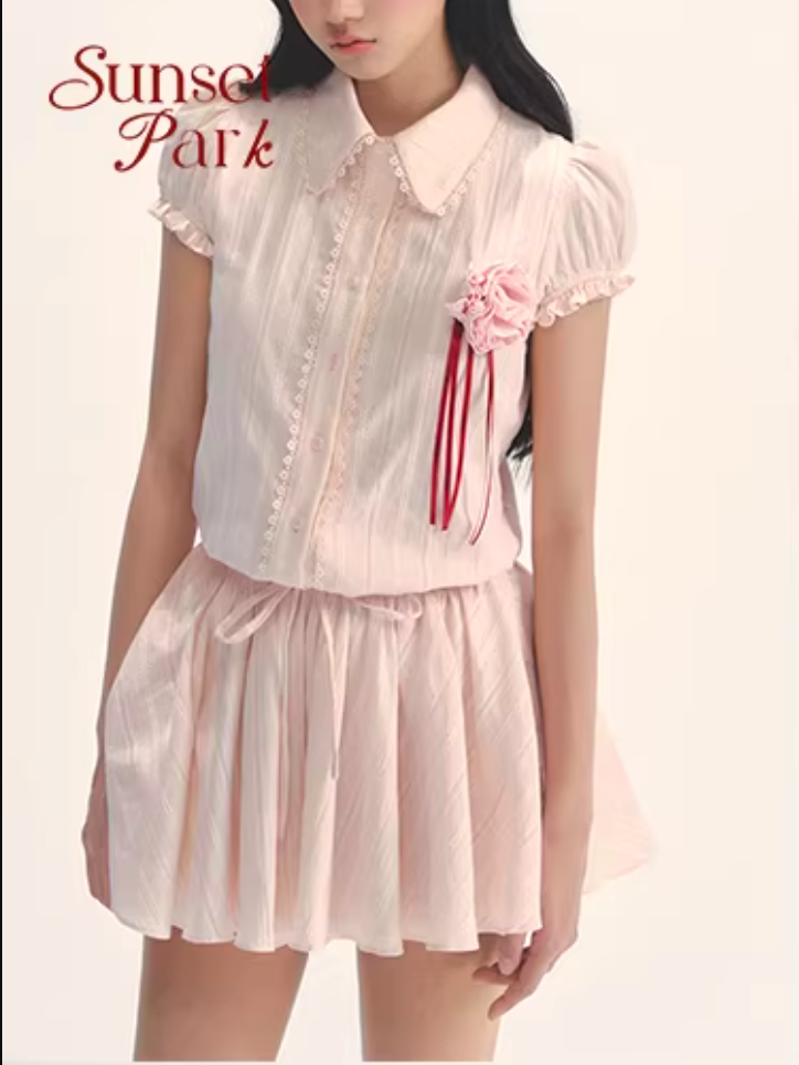 SUNSETPARK Student-style navy blue short-sleeved shirt dress