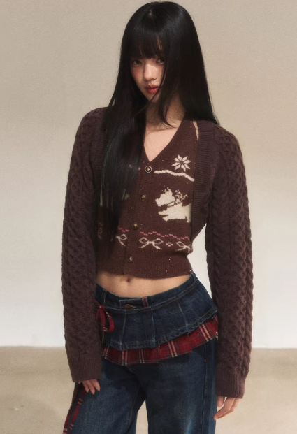 WEEKENDHUB Fair Isle jacquard knitted two-piece shirt for women, halter neck style, high-end brand.