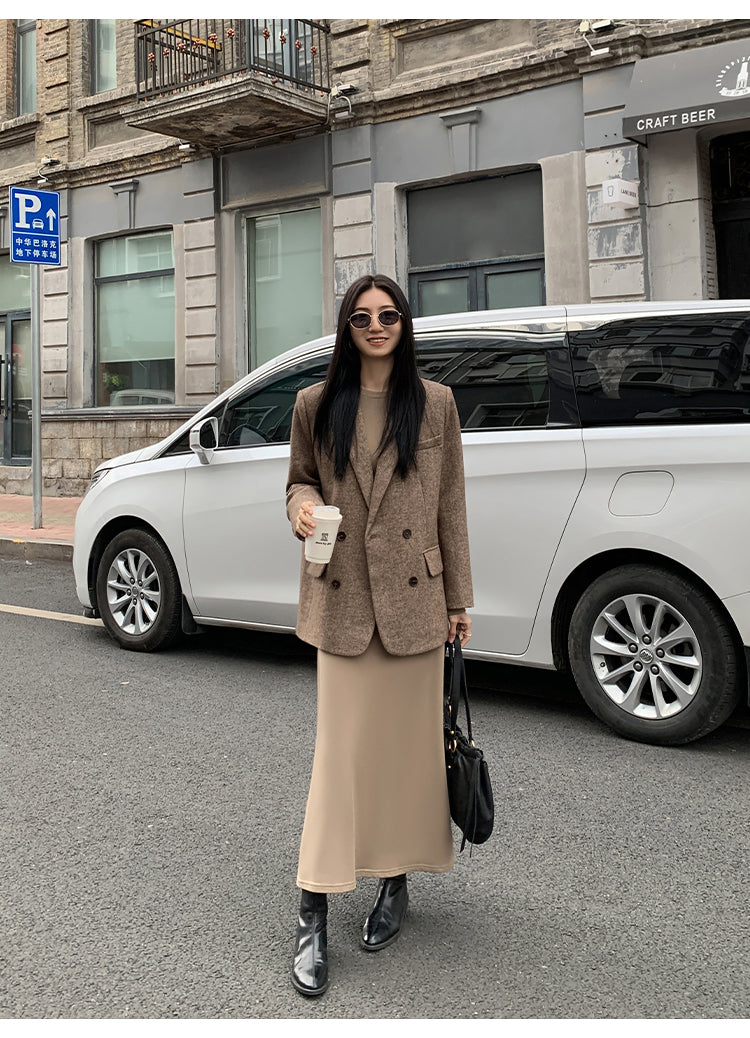 Mulvan classic brown wool tweed vest for women autumn and winter high quality loose fit herringbone pattern