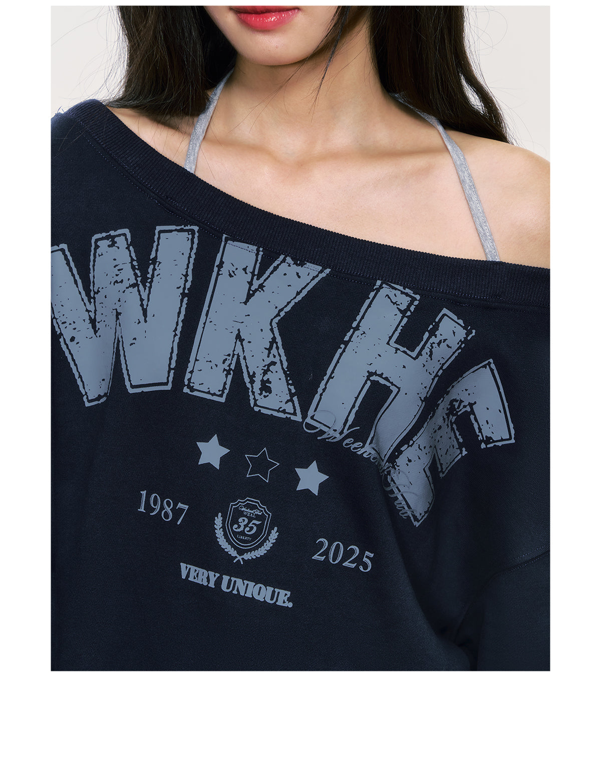 2025 new autumn and winter American style off-shoulder sweatshirt with long sleeves and clear collar Korean style WeekendHub