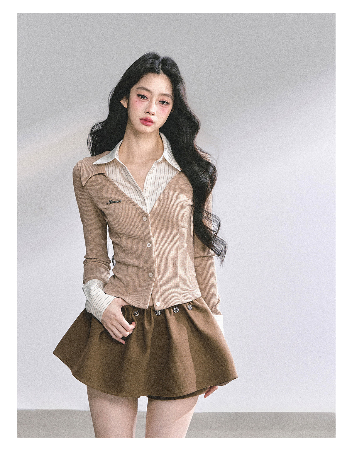 SHAOYEYAN Aomalm "Oak Poetry" Autumn Knitted Polo Shirt % Women's American Style Long Sleeve Striped Two-piece Fake Two-Piece T-shirt