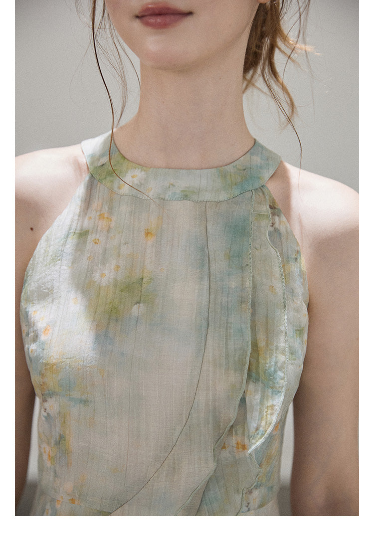 "Monet's ink painting" Callmelater sleeveless tencel halter neck dress with lace trim for the holiday season