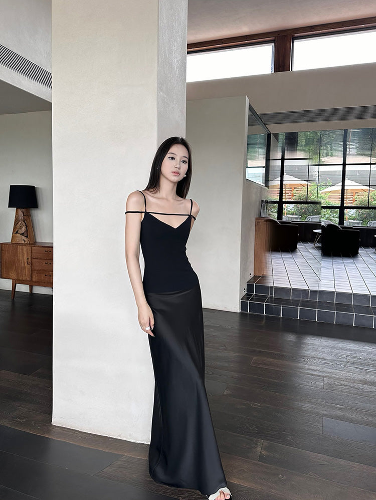 5werkwen high-waisted, versatile, figure-hugging, sexy long satin acetate dress.