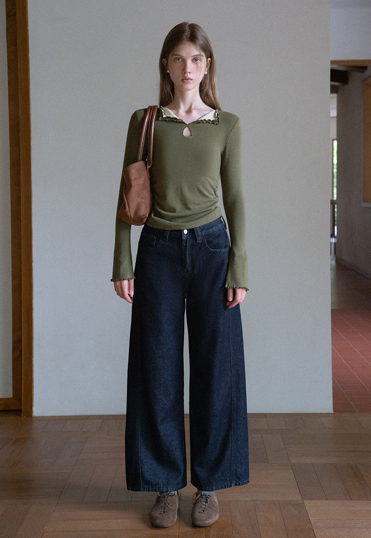 EGGKA Women's long-sleeved V-neck T-shirt with colored trim, new autumn design, slim fit, elegant waistline (sale)