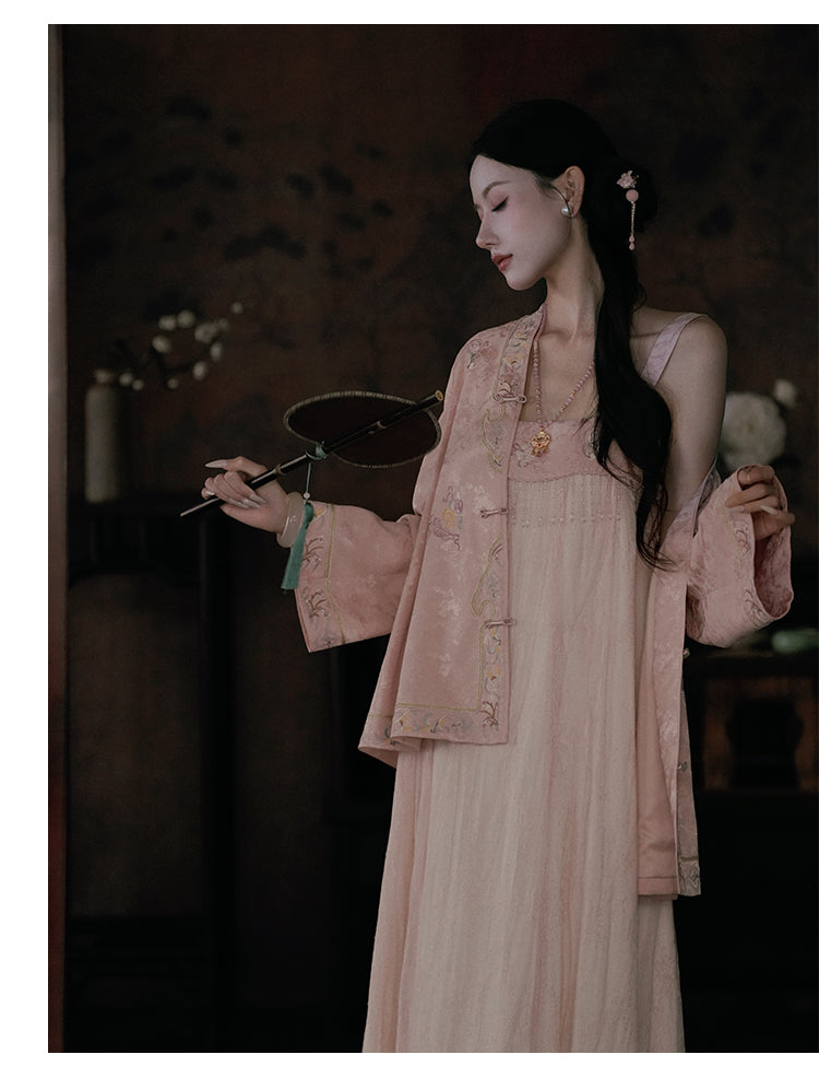 Hibiscus flower drunk jade jacket Jacquard embroidered linggong style New floral bed + fringed lace skirt