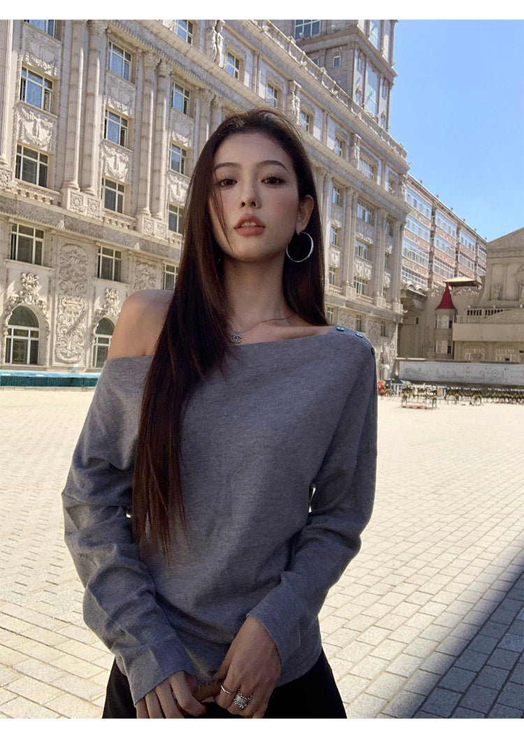 Pusumede one shoulder long sleeve sweater original color temperament female design cross shoulder t-shirt
