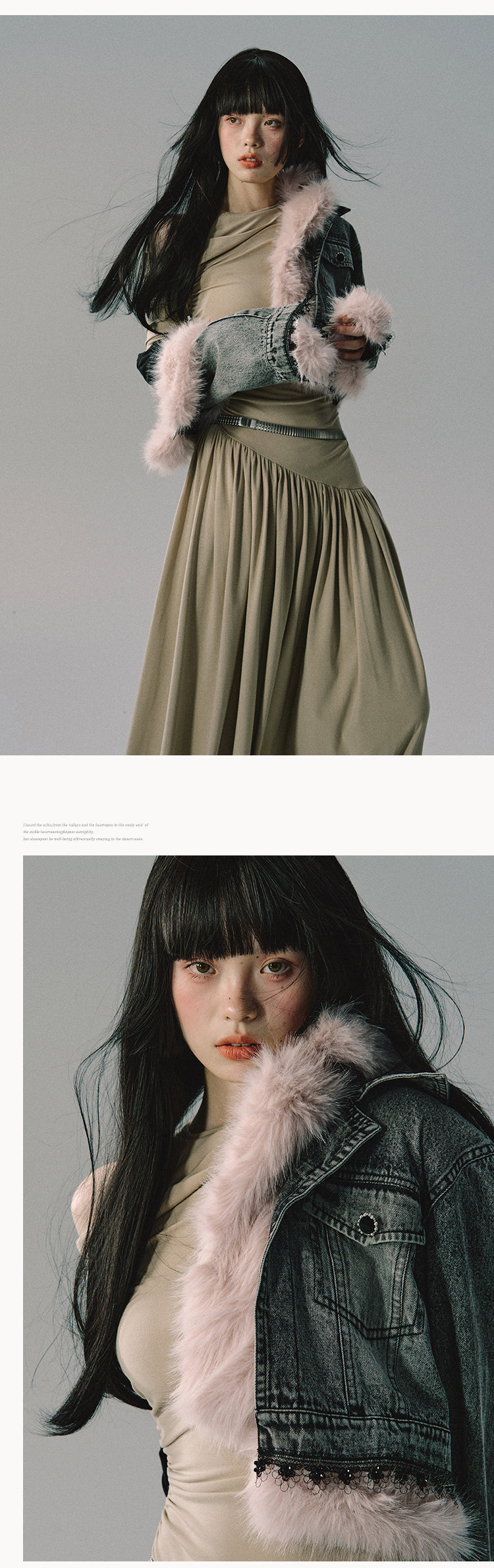 Oakmoo "Moss Meditation" Retro Round Neck Two-Layer Off-The-Shoulder Knitted Long Dress