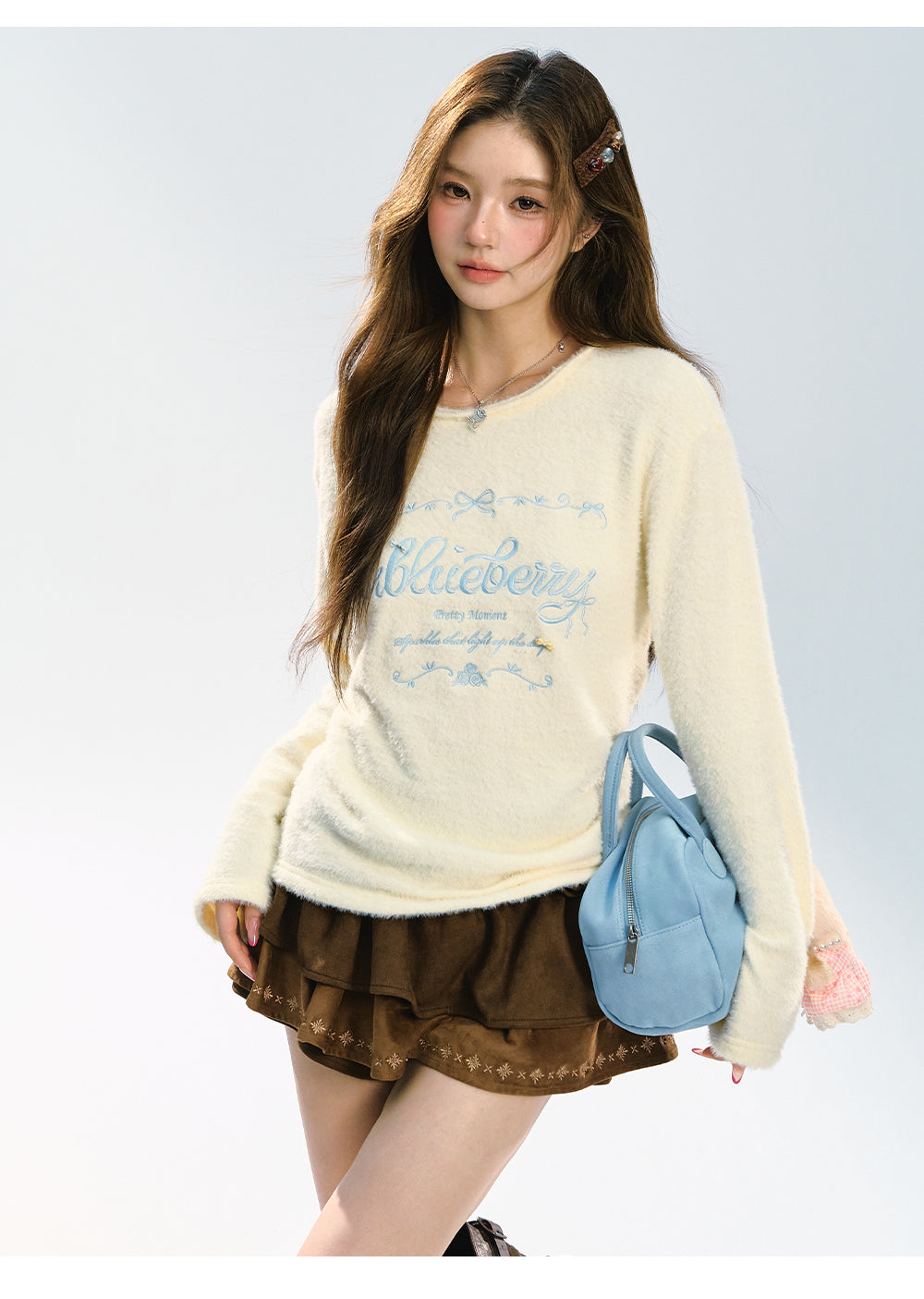 ABLUEBERRY Women's letter embroidered sweater, Autumn Winter, Soft and smooth, Round neck, Loose fit, Cute Korean style