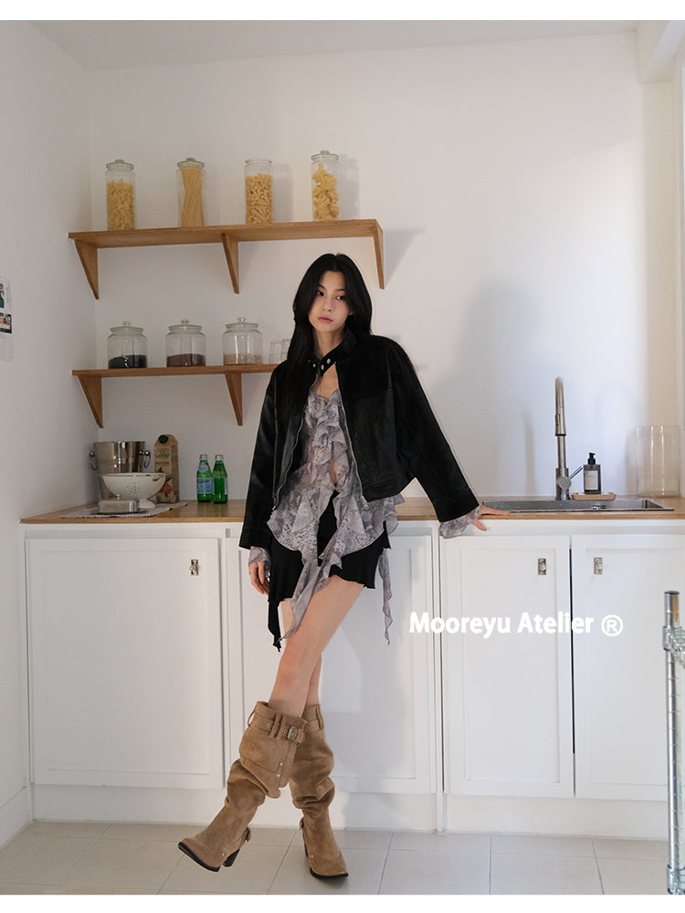 MOOREYU Women's knee high boots autumn winter 2025 women's khaki suede pointed toe boots thick heel thin pleated boots