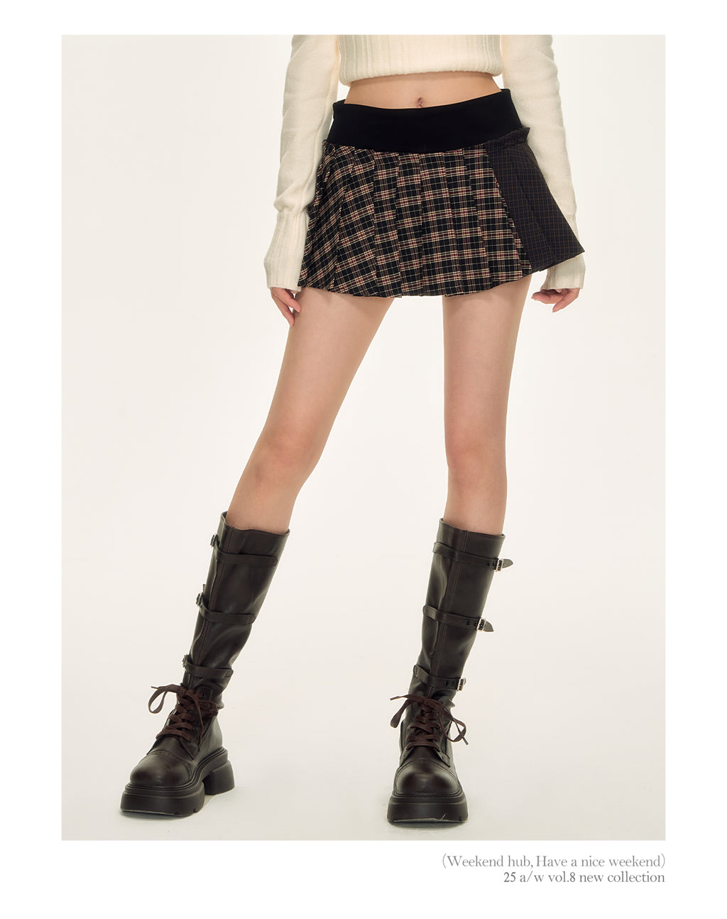 Basic pleated skirt with contrast color plaid college style high waist dnasg petite short A-line autumn WeekendHub