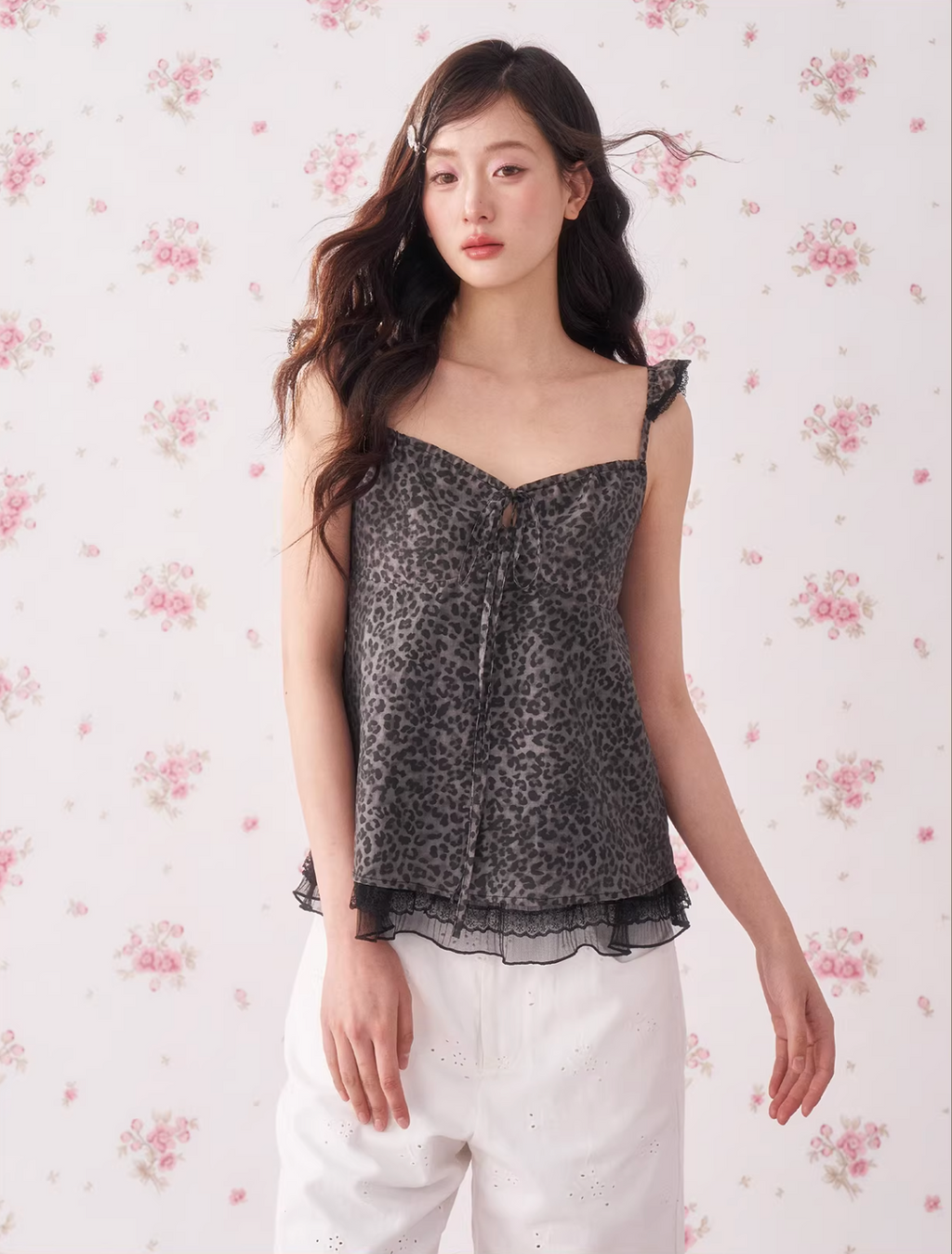 CHAOSCHAO Soft, sexy silk summer blouse with leopard print and polka dots, puff sleeves, retro resort style by