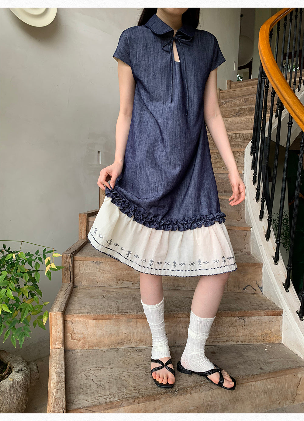 DORYDORY New Chinese style women's embroidered patchwork dress, super beautiful and unique design, blue dress.