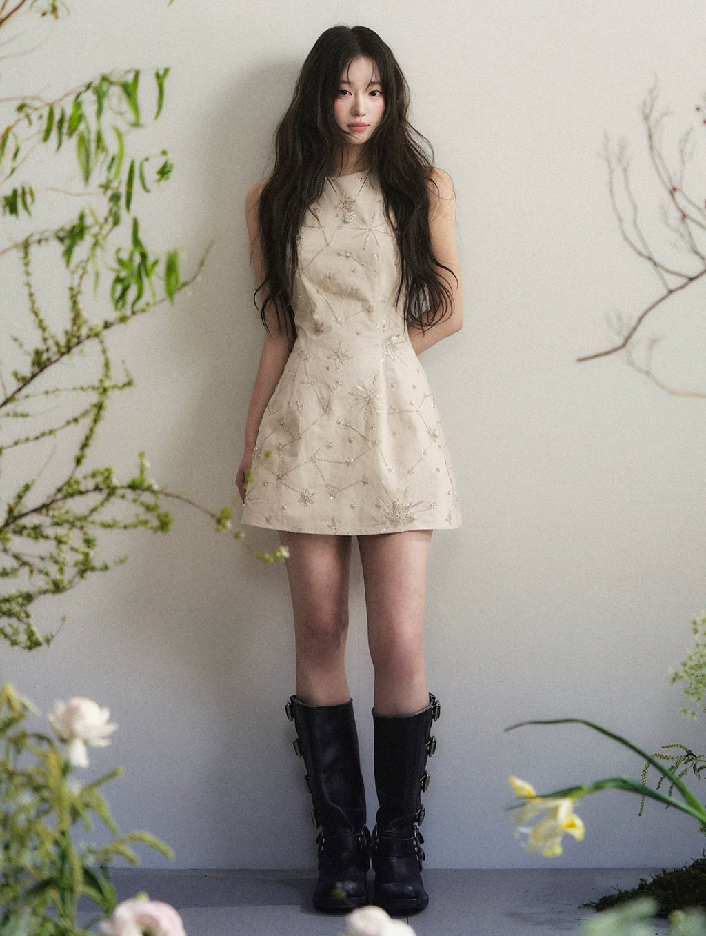 1P STUDIO Apricot halter neck dress with elaborate beaded embroidery for women, slim summer fit, sleeveless short dress that flatters the figure.