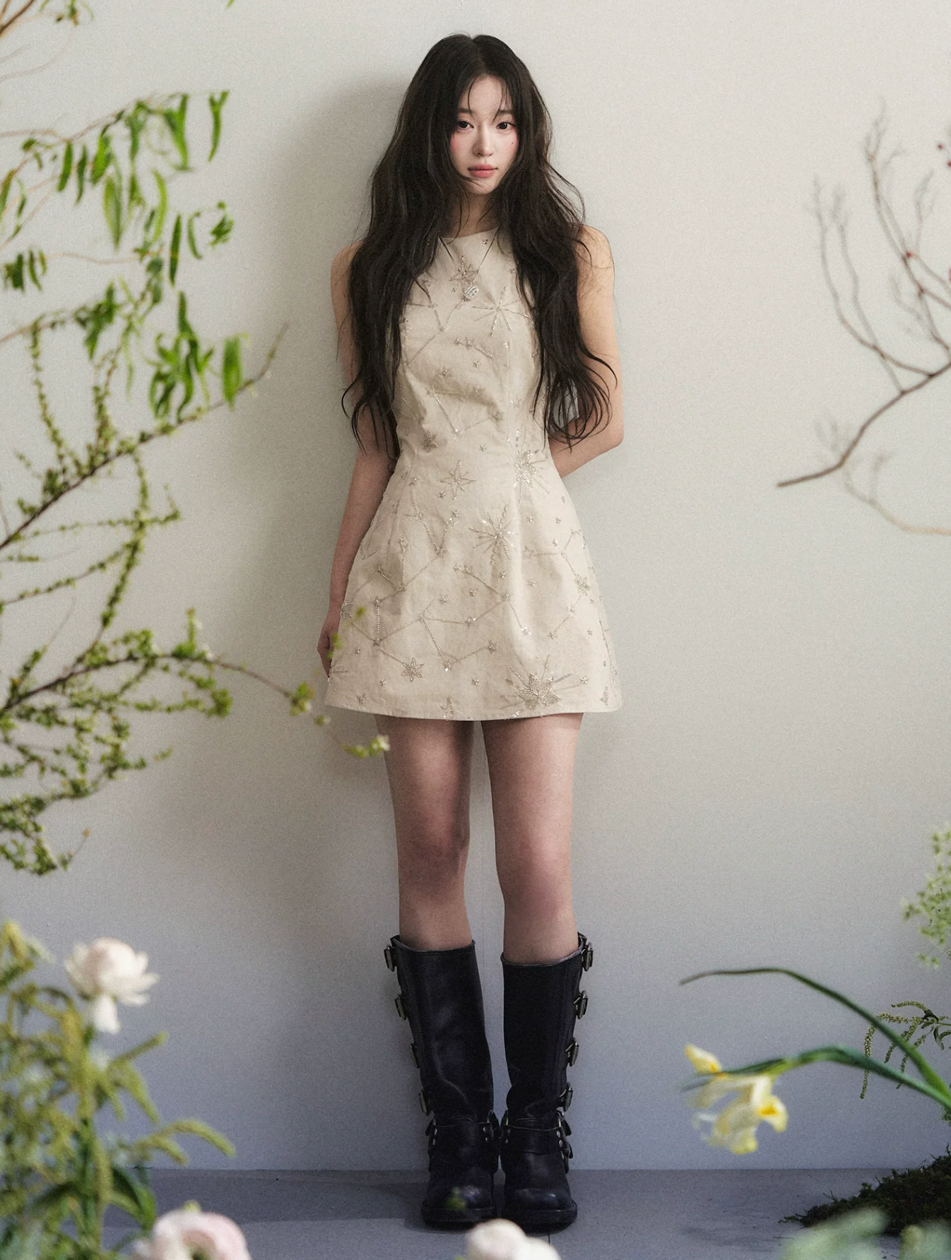 1P STUDIO Apricot halter neck dress with elaborate beaded embroidery for women, slim summer fit, sleeveless short dress that flatters the figure.