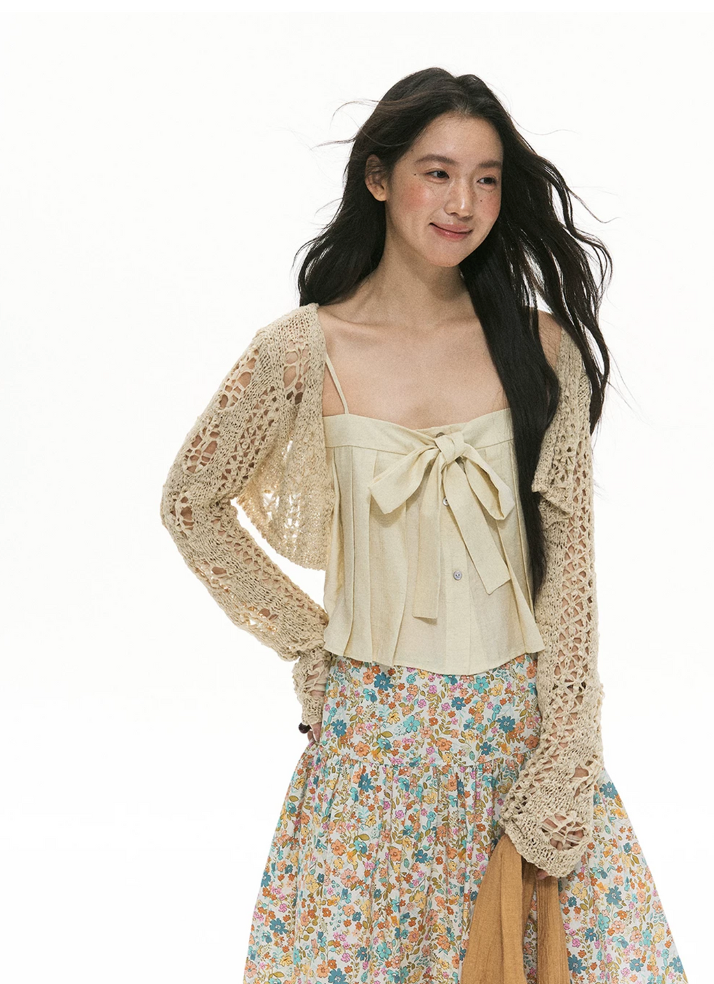 Soolrok Songweiyun midi skirt in one or two colors, elegant, versatile, floral/brown pattern, flattering