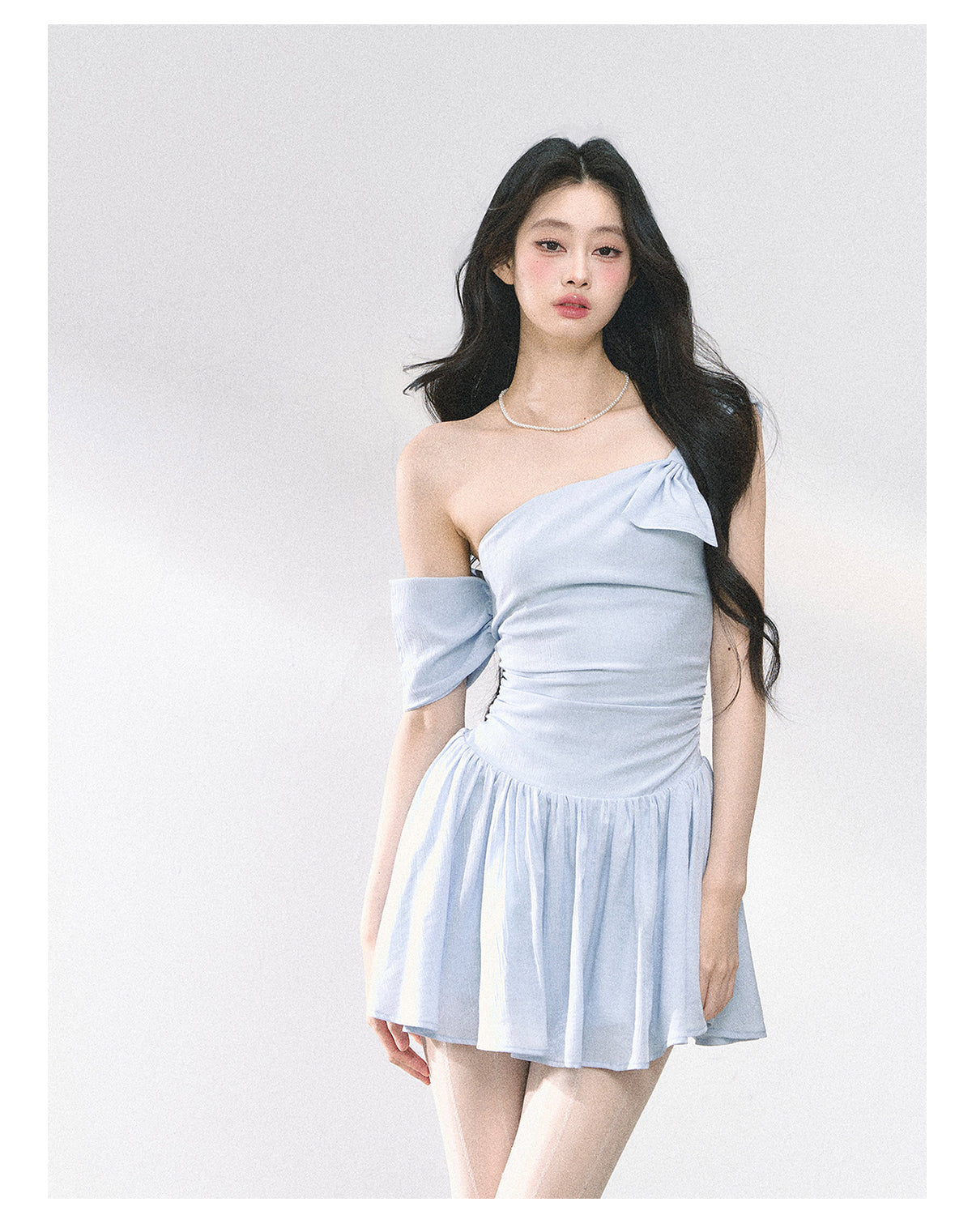 Women's Summer French Style High Quality Off-the-Shoulder Dress with Slim Waist and Short Skirt in Blue Shaoyeyan