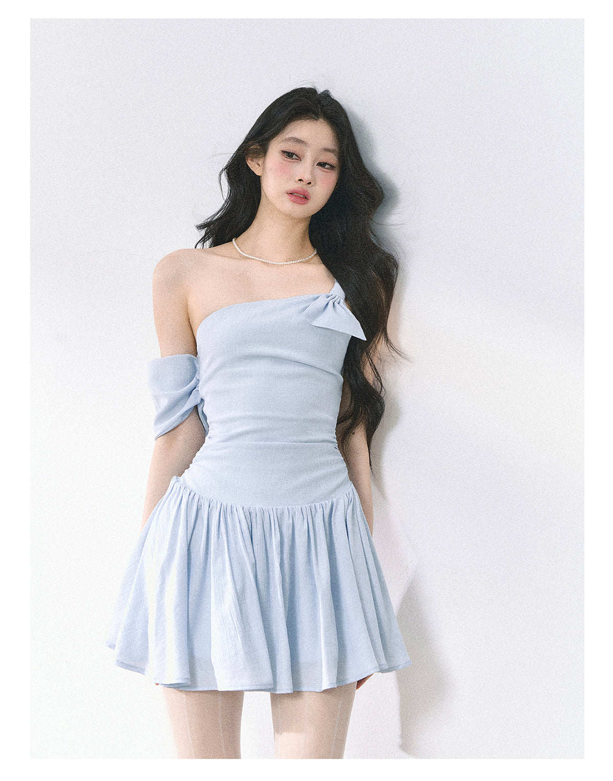 Women's Summer French Style High Quality Off-the-Shoulder Dress with Slim Waist and Short Skirt in Blue Shaoyeyan