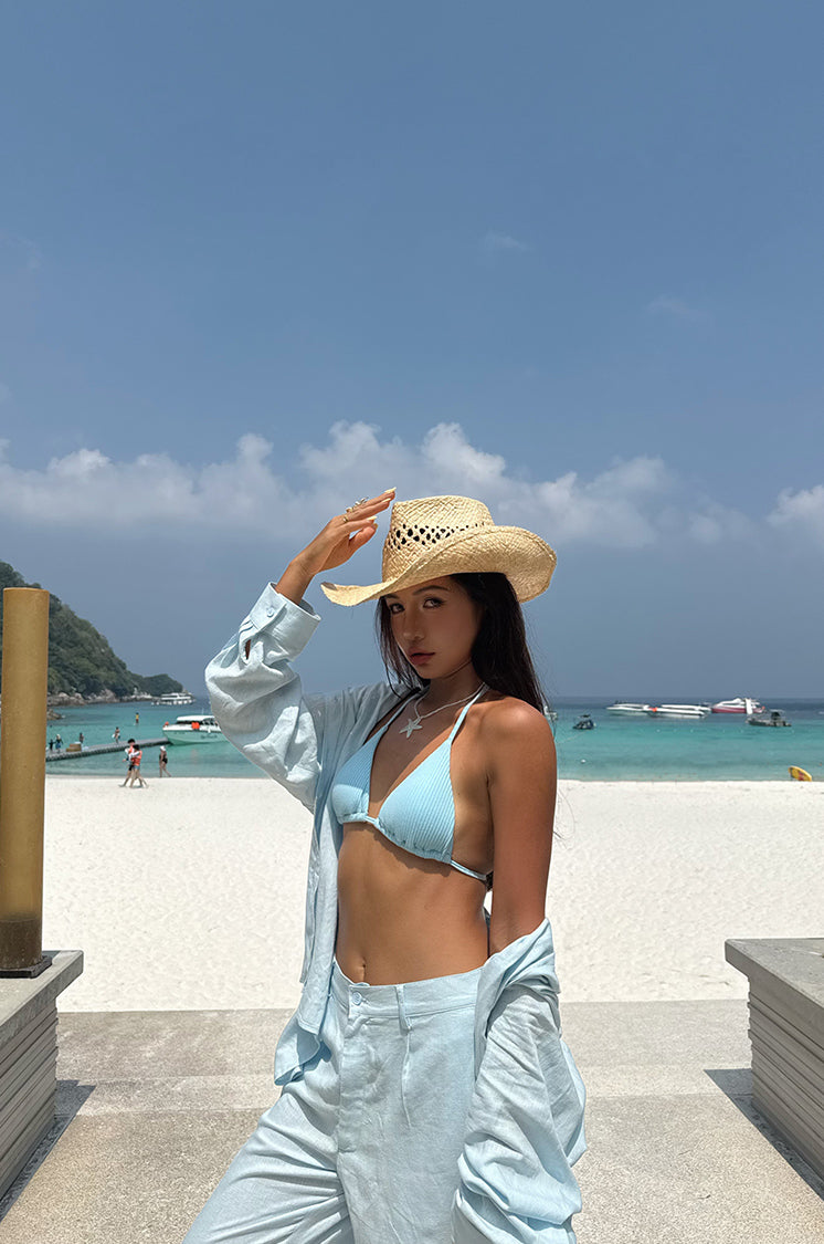 A loose and cool linen shirt and wide-leg pants set for women, perfect for a summer resort style in 2025. BEARUN SWIM