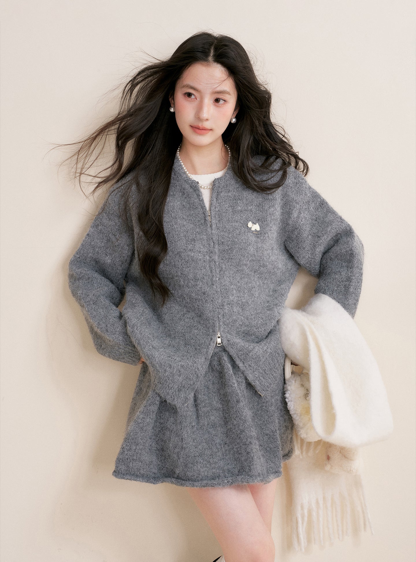 KROCHE Winter Warm A-line Cardigan Sweater Set Gray Double Zipper for Puppy 25aw