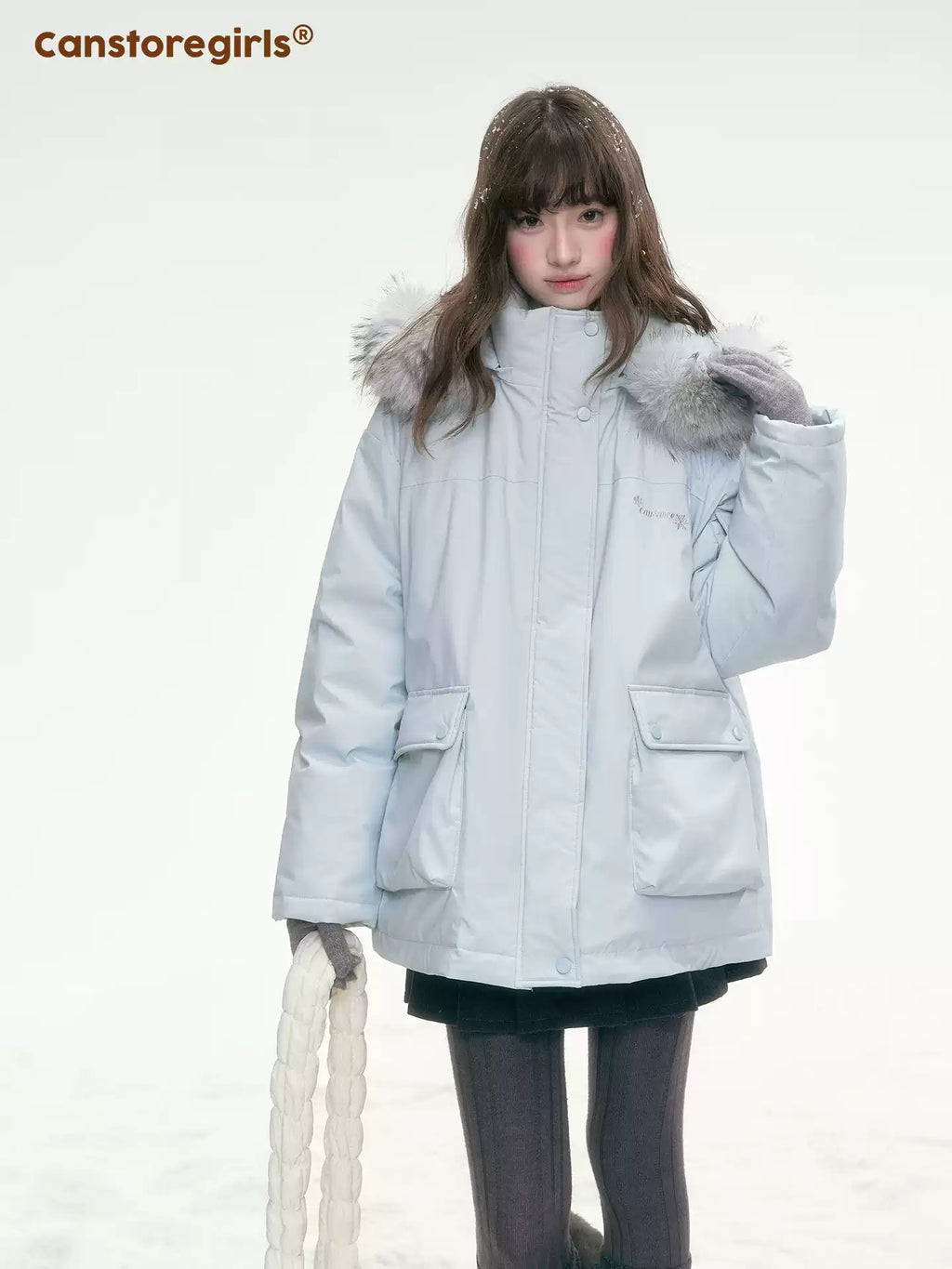 CANSTOREGIRLS Canned Goods Store 'Winter Love Song' Hooded Parka with Detachable Fur Collar, 90pcs White Duck Down Jacket